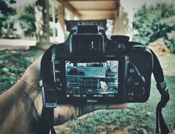 Cropped hand of person holding digital camera on field