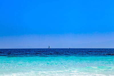 Scenic view of sea against clear blue sky