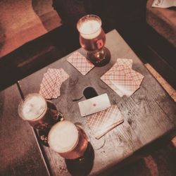 High angle view of wine bottles on table