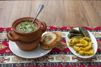 High angle view of breakfast on table