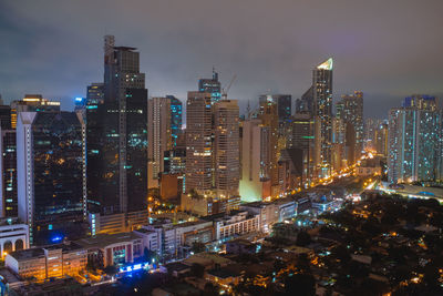 Illuminated cityscape against sky at dusk