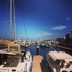 Boats moored at harbor