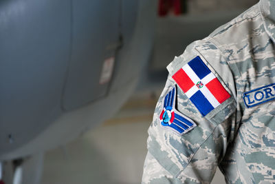 Close-up of badges on military uniform 