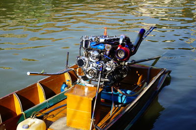 High angle view of fishing boats moored in lake