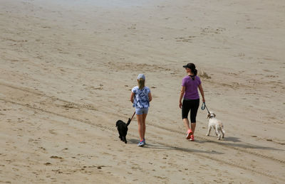 Women walking with dog on beach