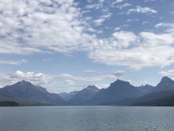 Scenic view of lake and mountains against sky