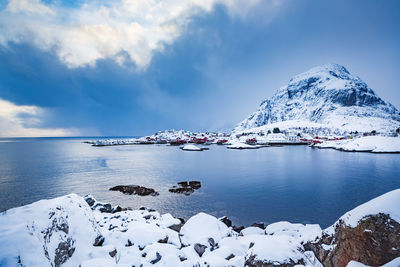 Scenic view of lake and mountain against sky