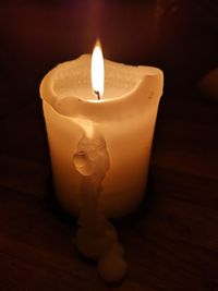 Close-up of lit candle on table