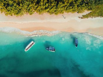 High angle view of boats moored on sea