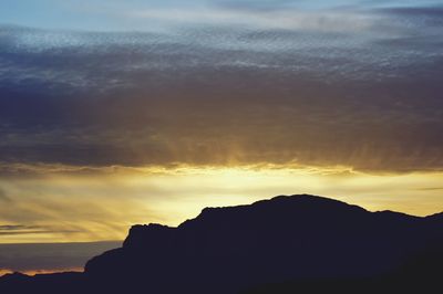 Scenic view of silhouette mountains against sky at sunset