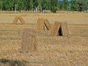 Hay bales on field against sky