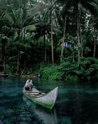 Boats in river against trees in forest