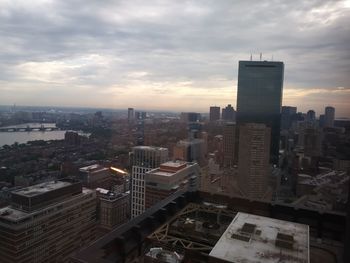 High angle view of buildings against sky during sunset