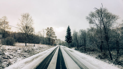 Road amidst trees against sky during winter