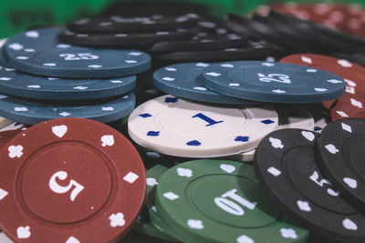 Full frame shot of colorful gambling chips in casino