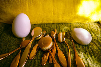 High angle view of eggs on table