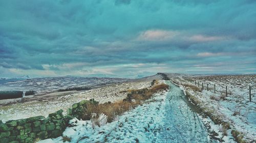 Snow covered landscape against sky