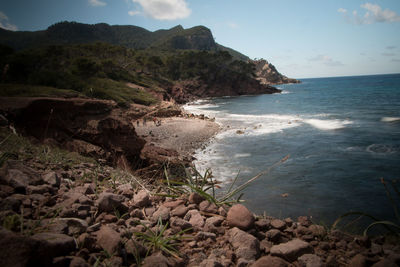 Scenic view of bay against sky