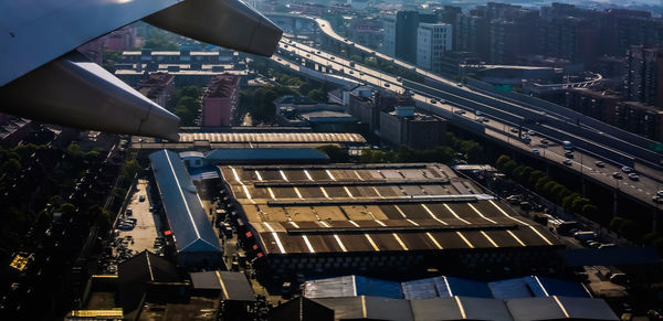 High angle view of buildings in city