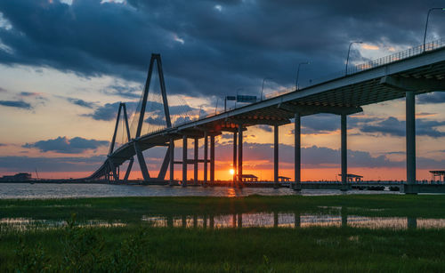 View of suspension bridge at sunset