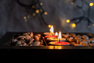 Close-up of lit candles on table