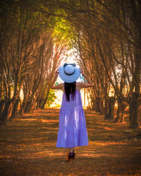 Rear view of woman standing in forest