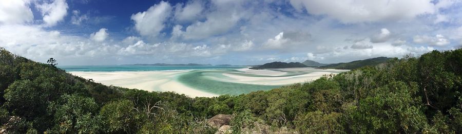 Panoramic view of trees by beach against cloudy sky