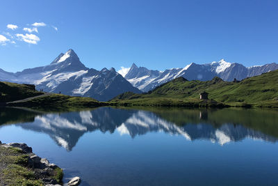 Scenic view of lake and mountains against blue sky