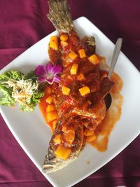 High angle view of food in plate on table