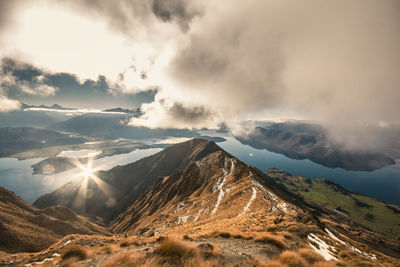 Aerial view of snowcapped mountains against sky