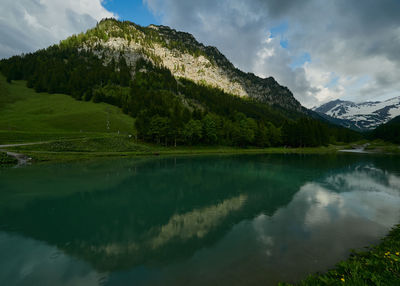 Scenic view of lake and mountains against sky