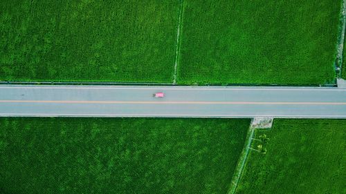 Directly above shot of highway amidst farms