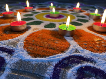 Close-up of illuminated candles on table