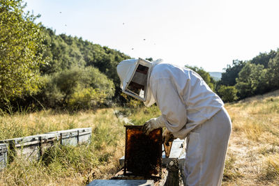 Male beekeeper in white protective costume taking honeycomb frame from hive while working in apiary in sunny summer day