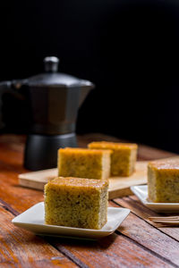 Close-up of cake served on table