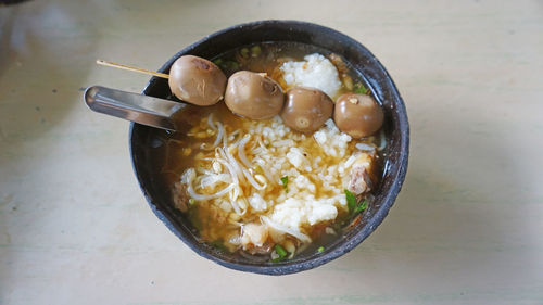 High angle view of soup in bowl