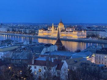 Illuminated buildings in city