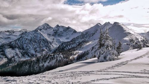 Scenic view of snow covered mountains against sky