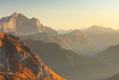 Scenic view of mountains against sky during sunset