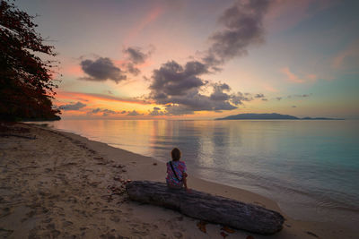 Rear view of man sitting on beach against sky during sunset