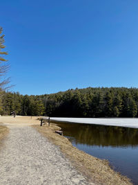 Scenic view of lake against clear blue sky