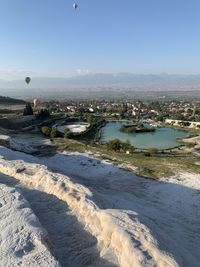 Aerial view of city at salt terraces at pamukkale in turkey 