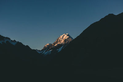 Scenic view of snowcapped mountains against clear blue sky