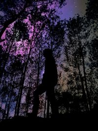 Low angle view of silhouette man standing against trees in forest