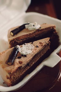 Close-up of chocolate cake in plate