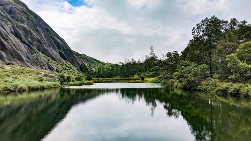 Scenic view of lake by trees against sky