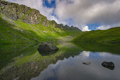 Scenic view of lake and mountains against sky