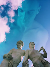 Young man shirtless dreaming of love or friendship, blue sky and white clouds