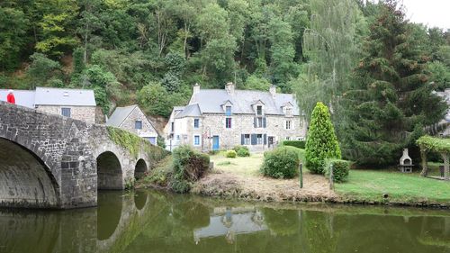 Arch bridge over river amidst trees and buildings