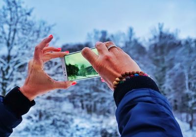 Cropped hands of woman photographing bare trees during winter